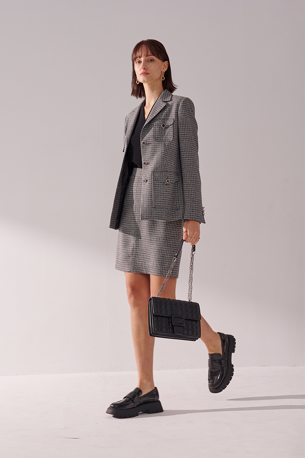 SST&C Black and White Houndstooth Square Collar Long Suit Jacket | 01012411002_4