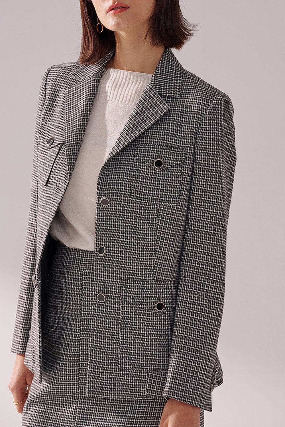 SST&C Black and White Houndstooth Square Collar Long Suit Jacket | 01012411002_6