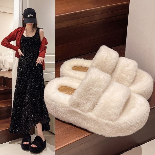 【現貨出清】甜美毛毛素色雙帶圓頭厚底拖鞋．白鳥麗子_8