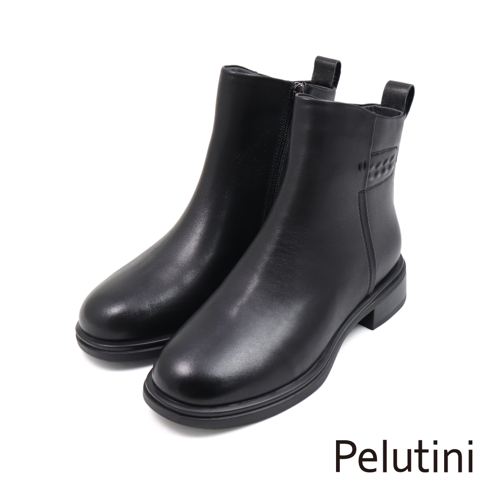 【Pelutini】經典素面拉鍊皮質休閒短鞋 黑色(437102W-BL)