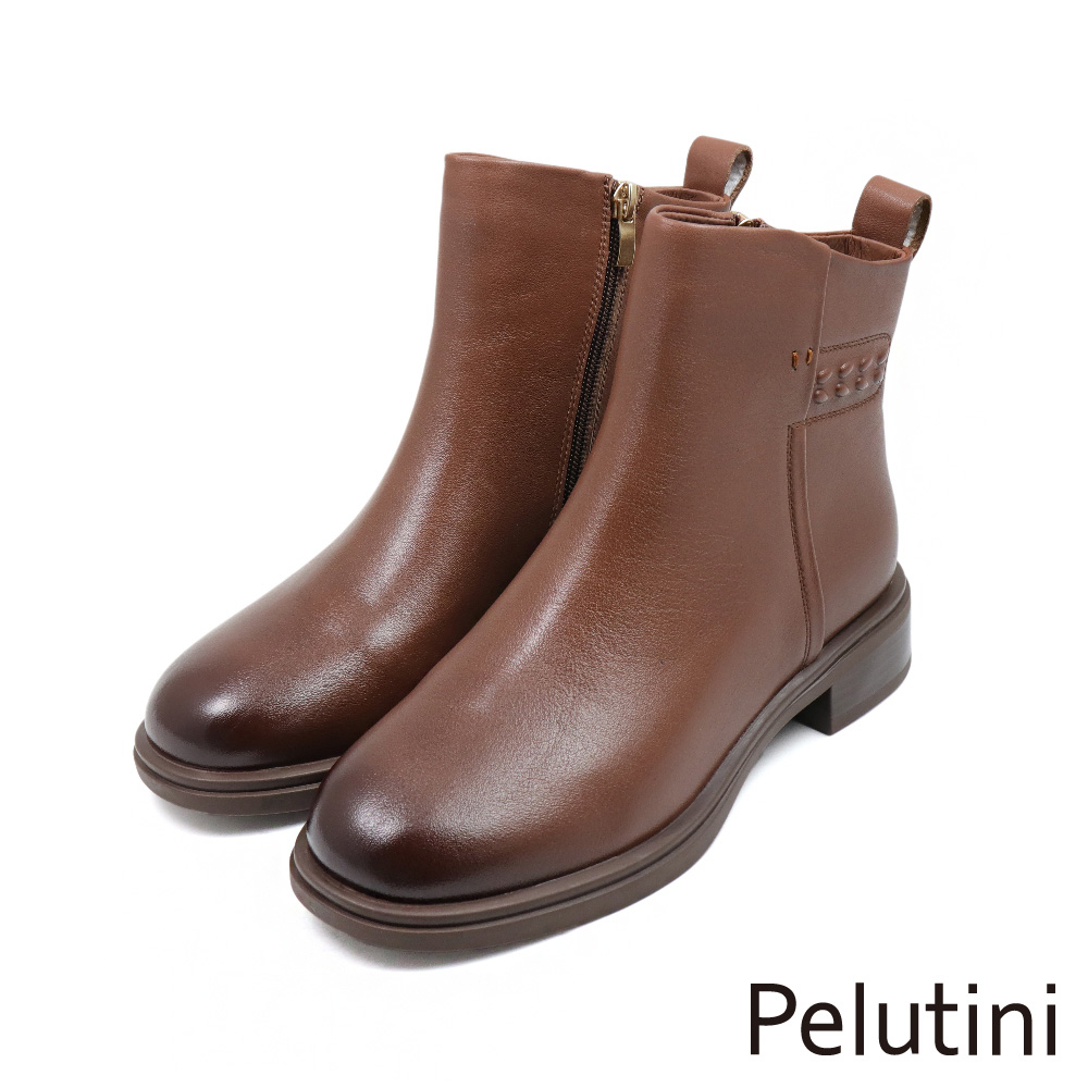 【Pelutini】經典素面拉鍊皮質休閒短鞋 棕色(437102W-BR)