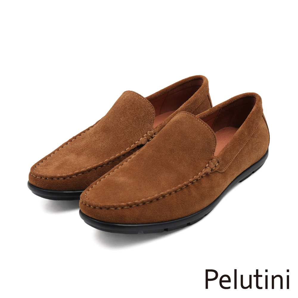 【Pelutini】經典質感素面麂皮休閒懶人樂福鞋 棕色(420110-BR)