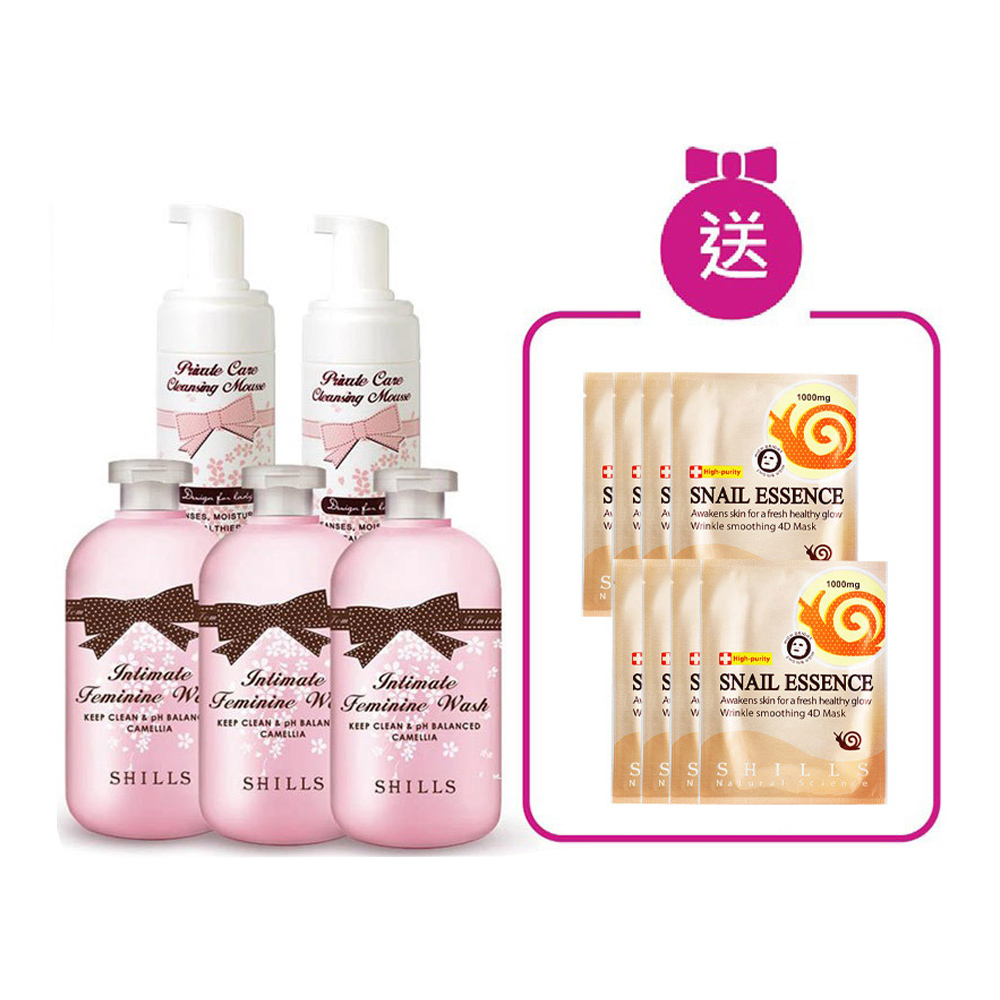 【💥買5送8 私密嫩白福袋組】SHILLS蔓越莓抗菌調理潔淨露*3+蔓越莓私密柔嫩淨味慕絲*2 🎁蝸牛原液彈力緊緻撫紋面膜*8片 (共13件)_2