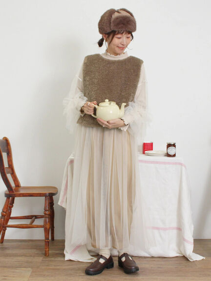 【SET ITEM】木耳捲邊羅紋上衣+透明薄紗連身洋裝(0F000135210) - Samansa Mos2