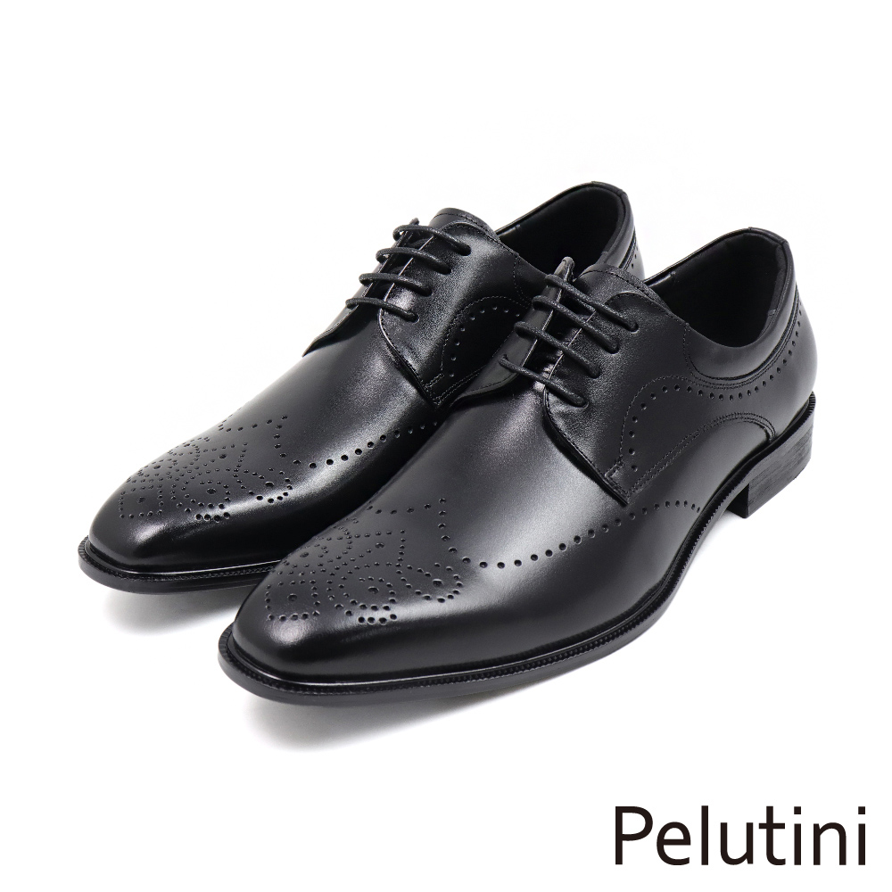 【Pelutini】經典質感雕孔輕量綁帶德比鞋 黑色(411110-BL)