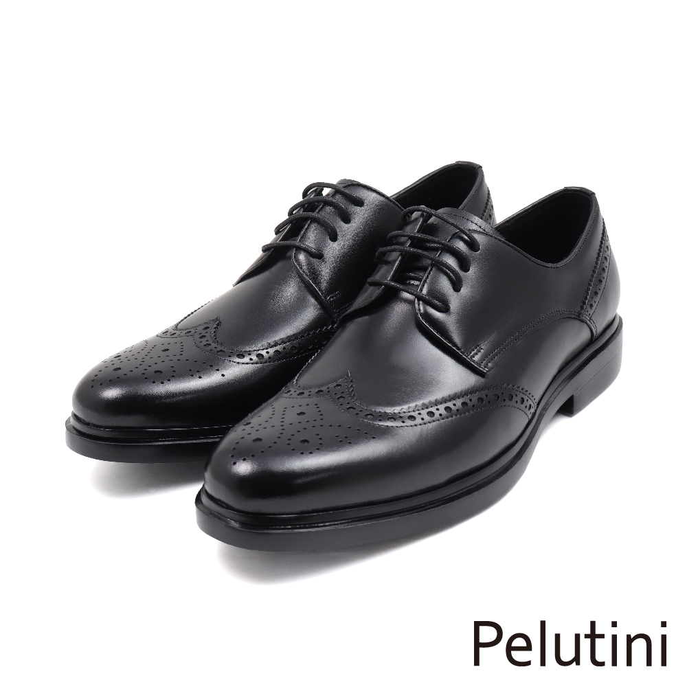 【Pelutini】經典質感翼紋雕孔輕量綁帶德比鞋 黑色(411112-BL)