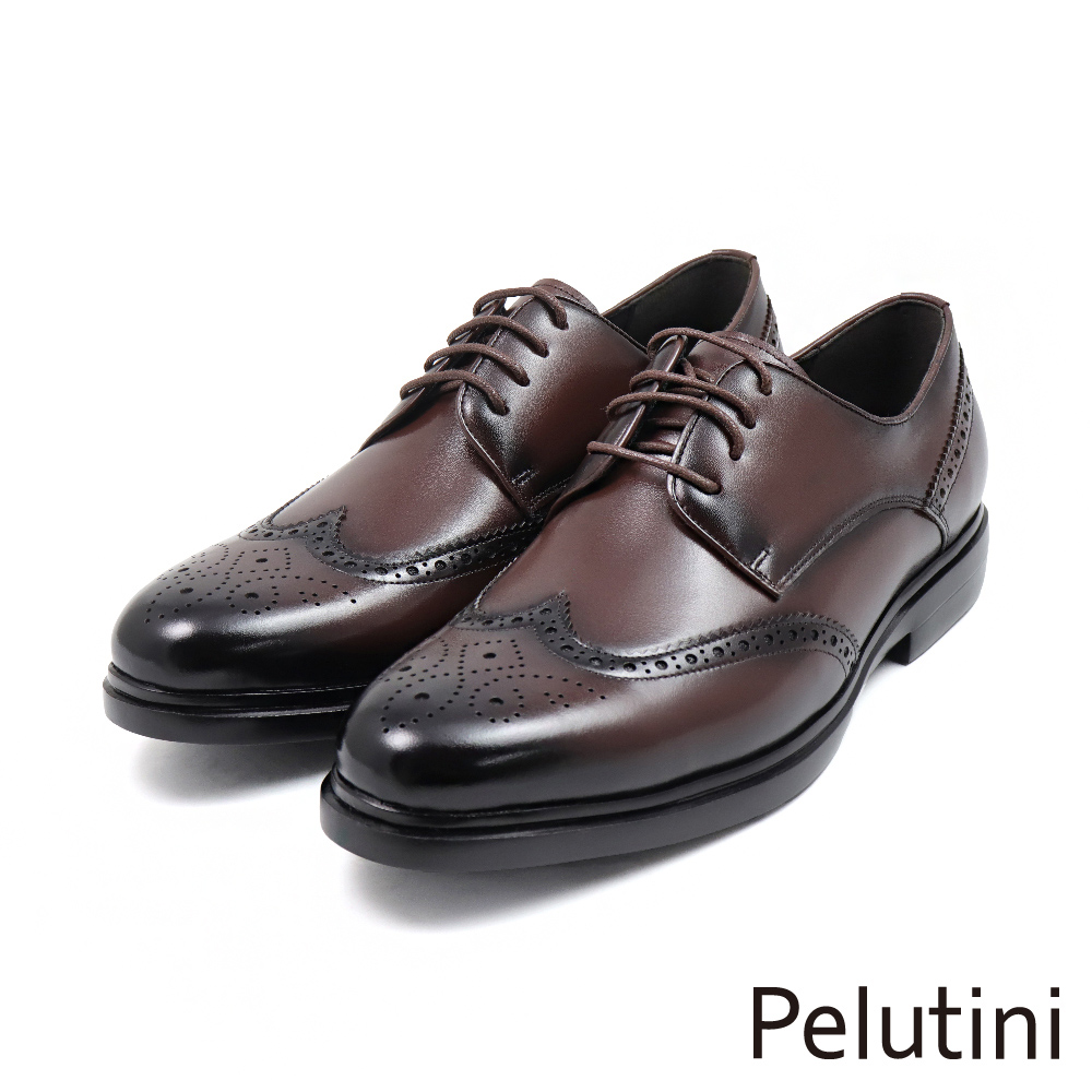 【Pelutini】經典質感翼紋雕孔輕量綁帶德比鞋 深棕色(411112-DBR)