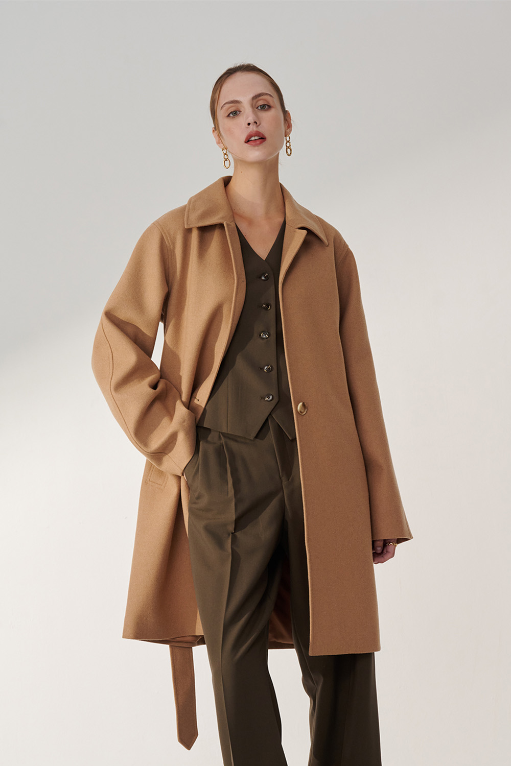 SST&C Camel Lapel Long Light Woolen Coat | 01132411001_0