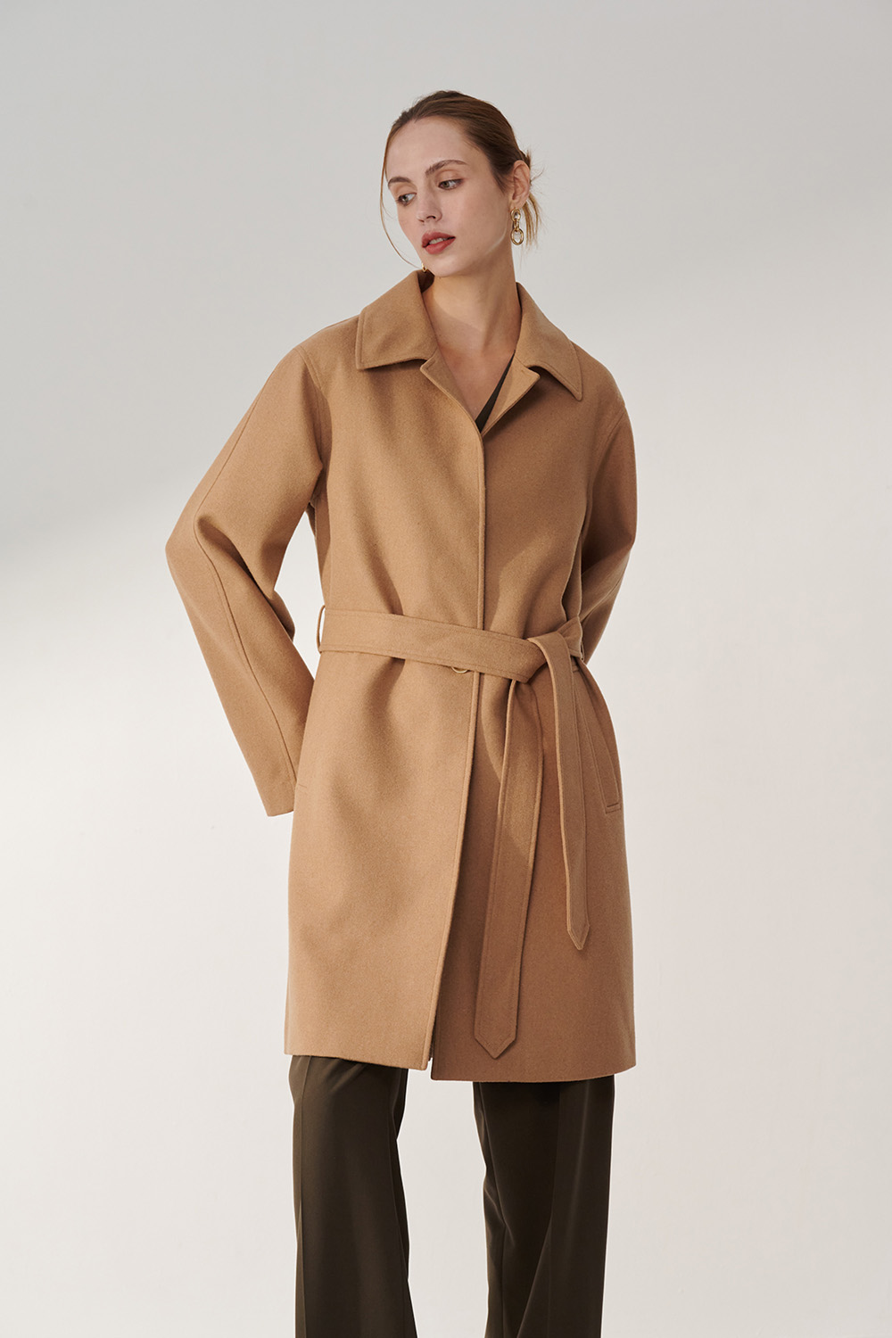 SST&C Camel Lapel Long Light Woolen Coat | 01132411001_1
