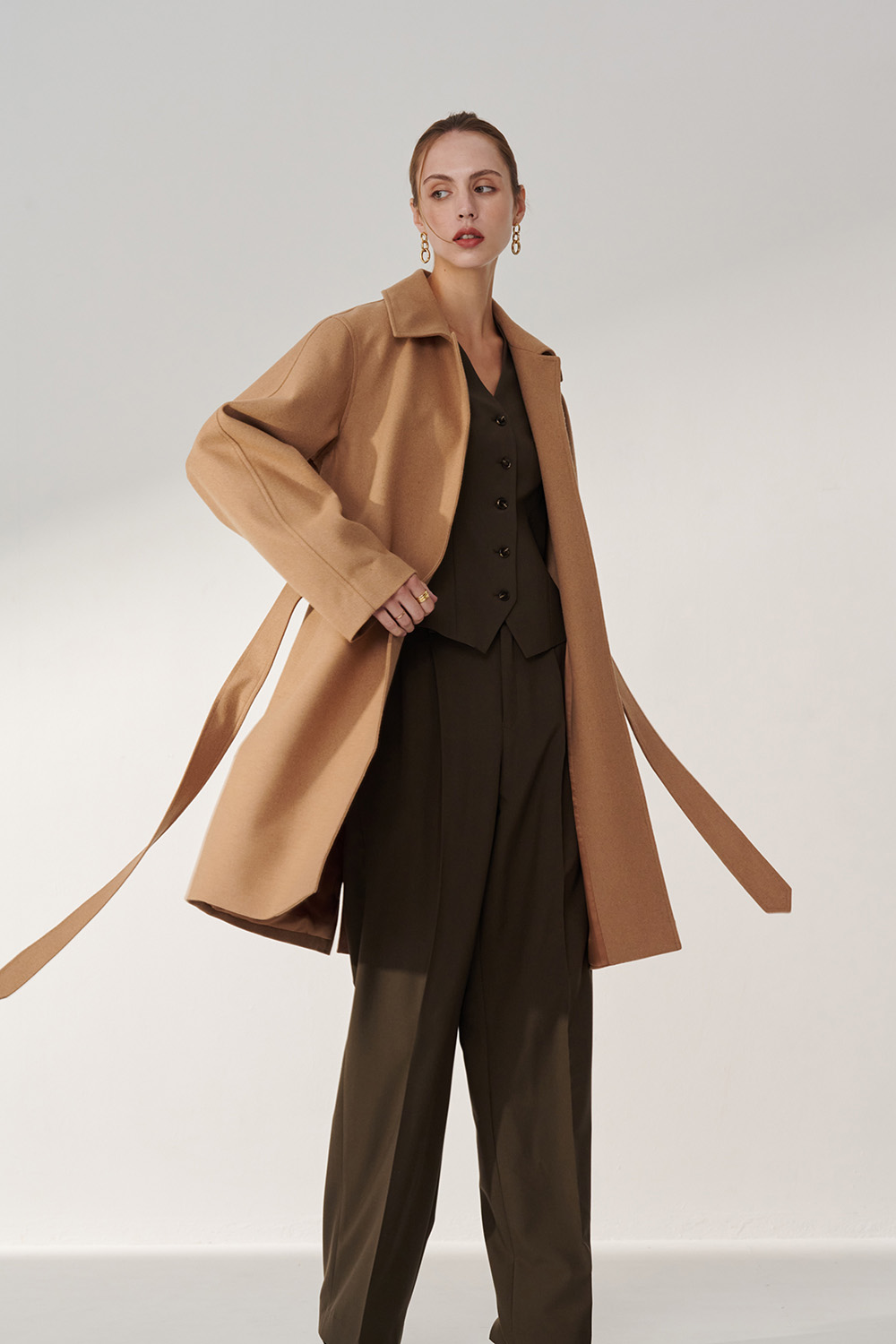 SST&C Camel Lapel Long Light Woolen Coat | 01132411001_2