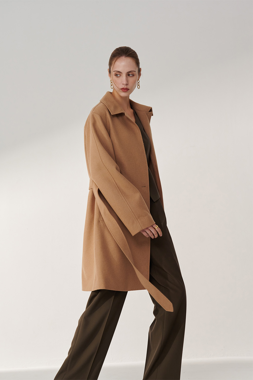 SST&C Camel Lapel Long Light Woolen Coat | 01132411001_3
