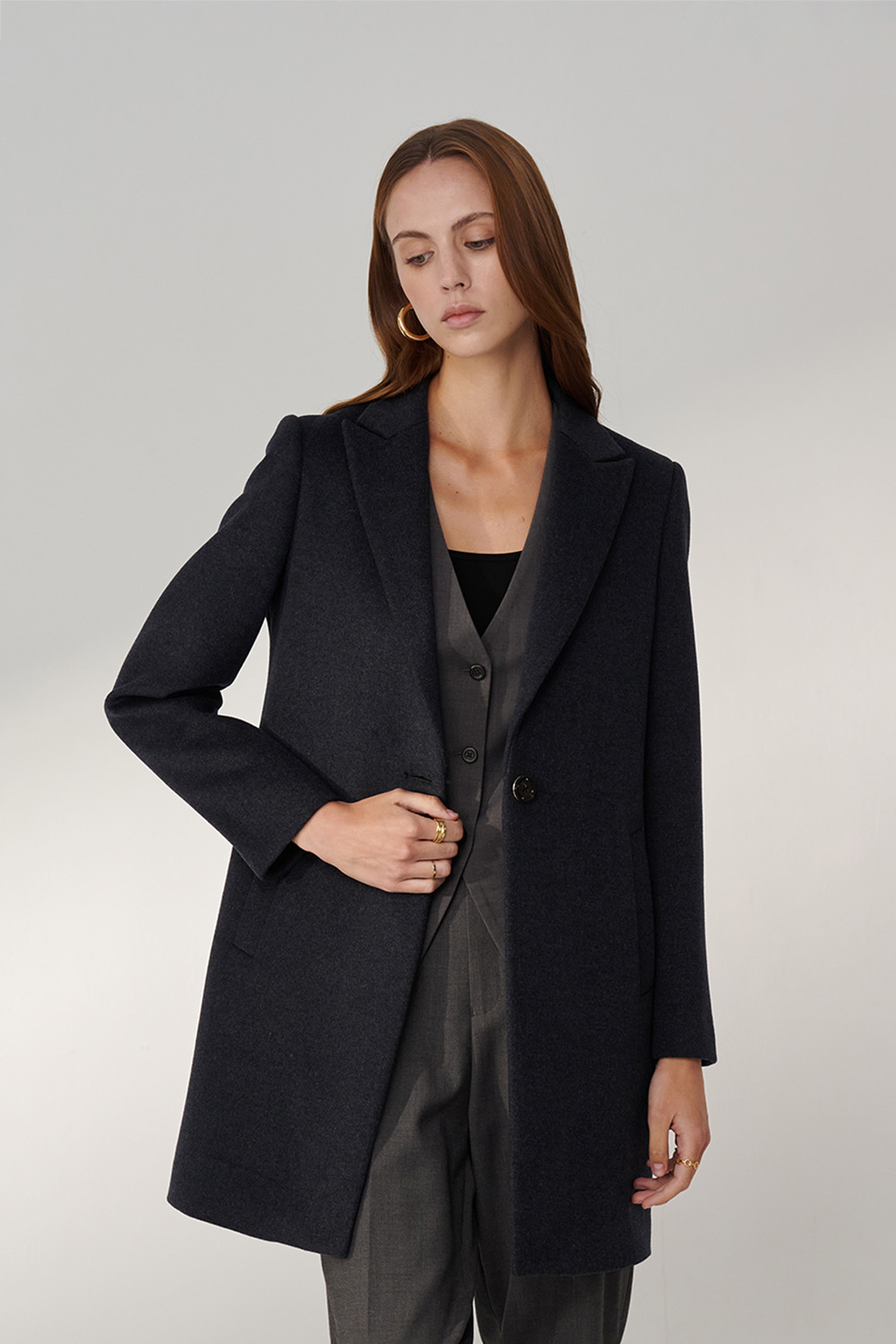 SST&C Dark Gray Sword Collar Mid-Length Woolen Coat | 01132411004_0