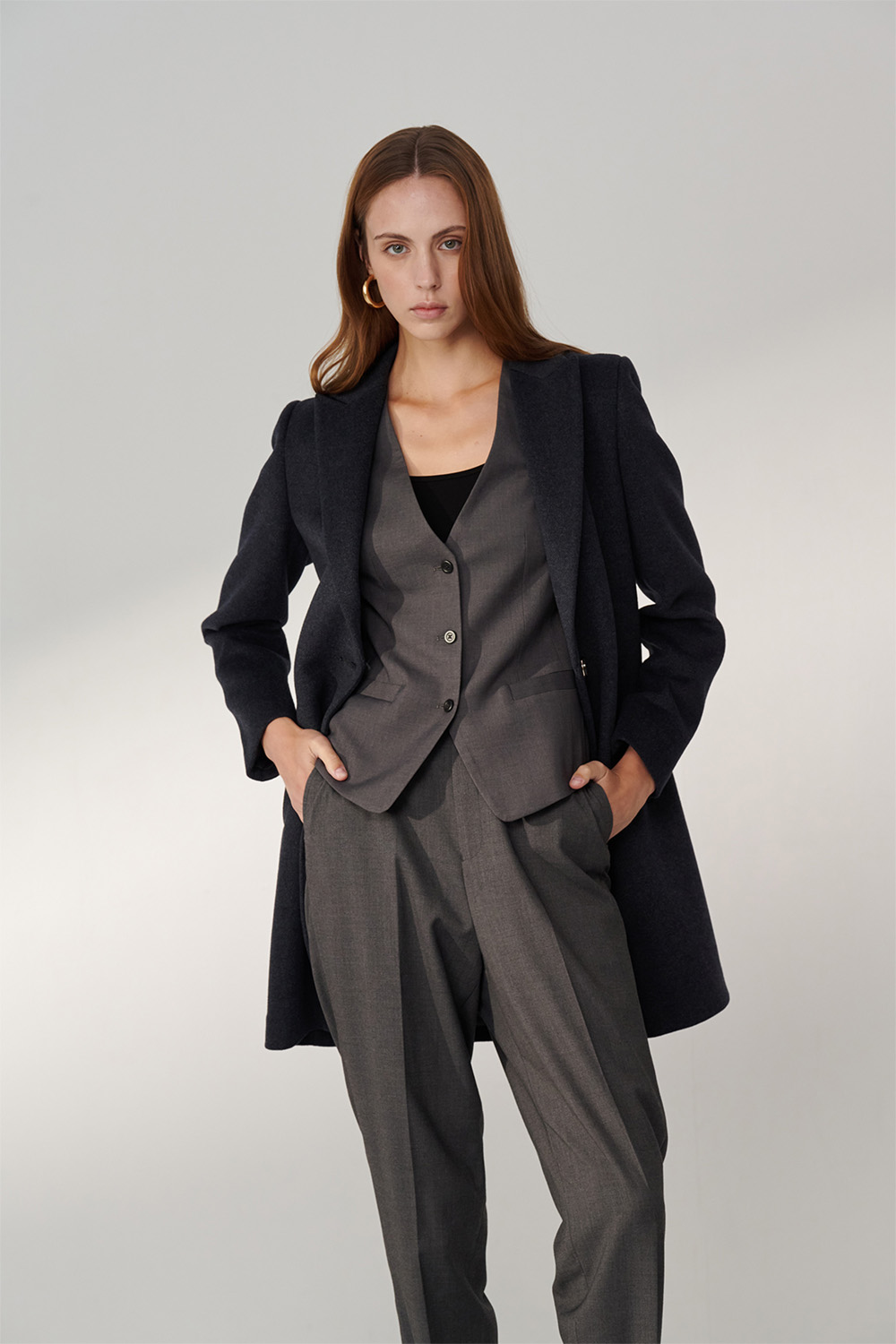 SST&C Dark Gray Sword Collar Mid-Length Woolen Coat | 01132411004_2