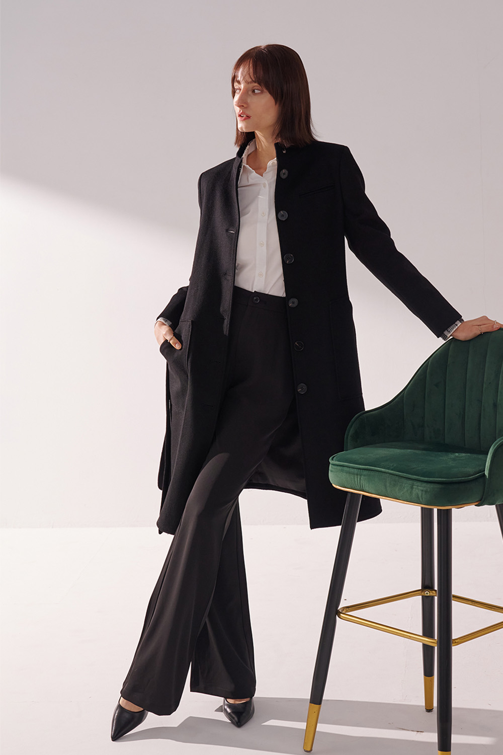 SST&C Black Turtleneck Long Woolen Coat | 01132411005_0