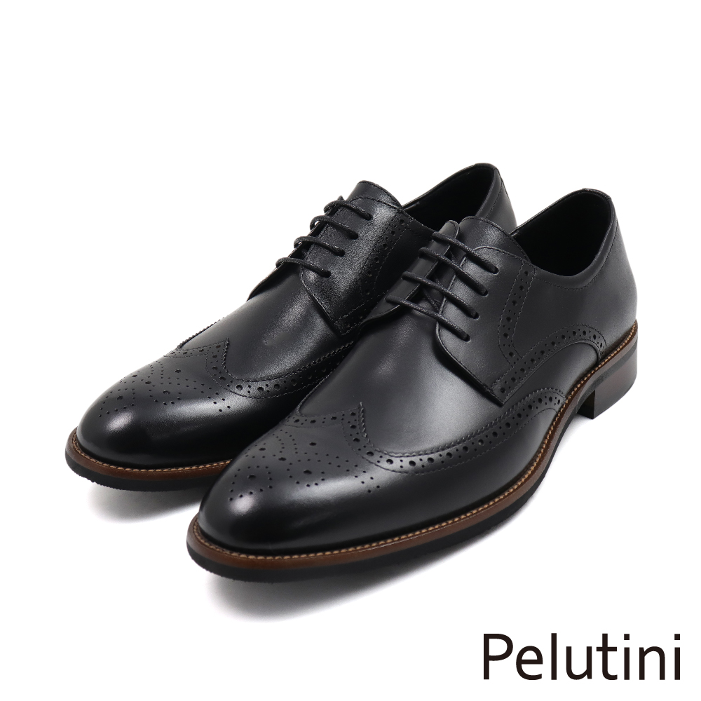 【Pelutini】經典輕量系列翼紋雕花綁帶德比鞋 黑色(411107-BL)