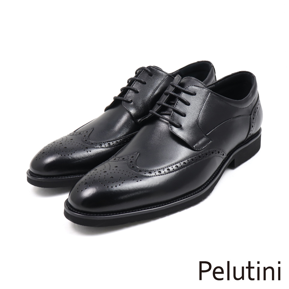 【Pelutini】經典輕量系列翼紋雕花綁帶德比鞋 黑色(411113-BL)