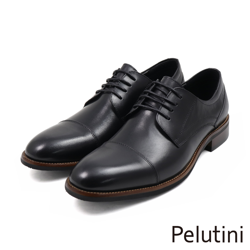 【Pelutini】經典輕量系列壓線設計橫飾綁帶德比鞋 黑色(413109-BL)