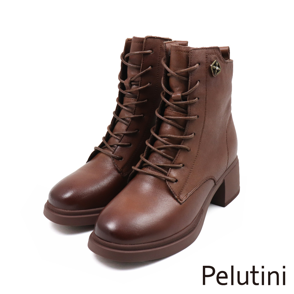 【Pelutini】經典率性簡約綁帶粗跟中筒靴 深棕色(438102W-DBR)