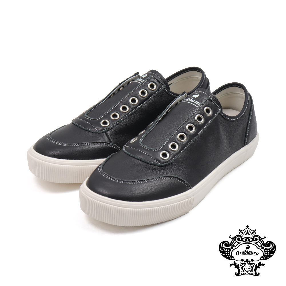 【Orobianco】經典簡約無鞋帶鬆緊素面皮質休閒鞋 黑色(OR435110W-BL)