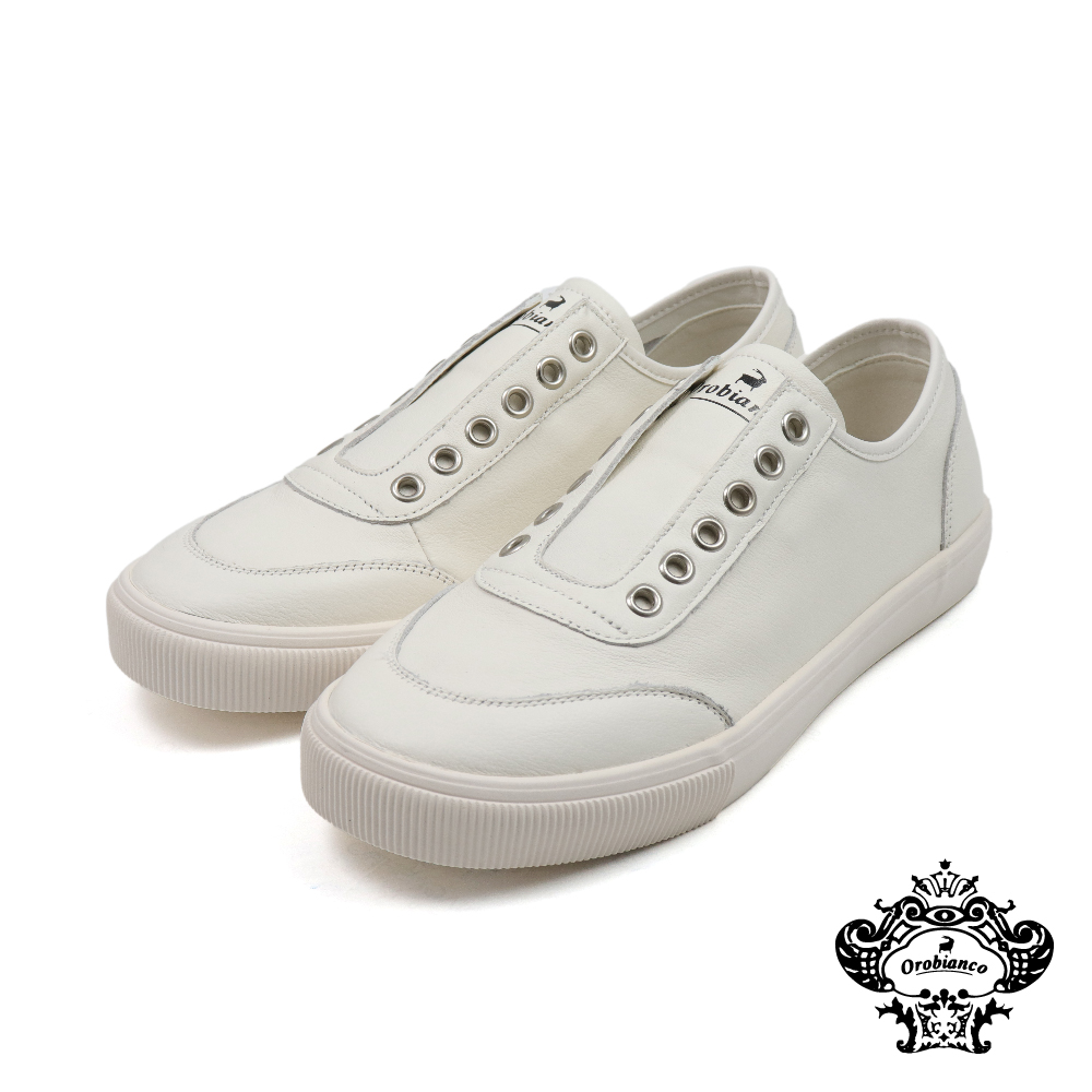 【Orobianco】經典簡約無鞋帶鬆緊素面皮質休閒鞋 白色(OR435110W-WH)