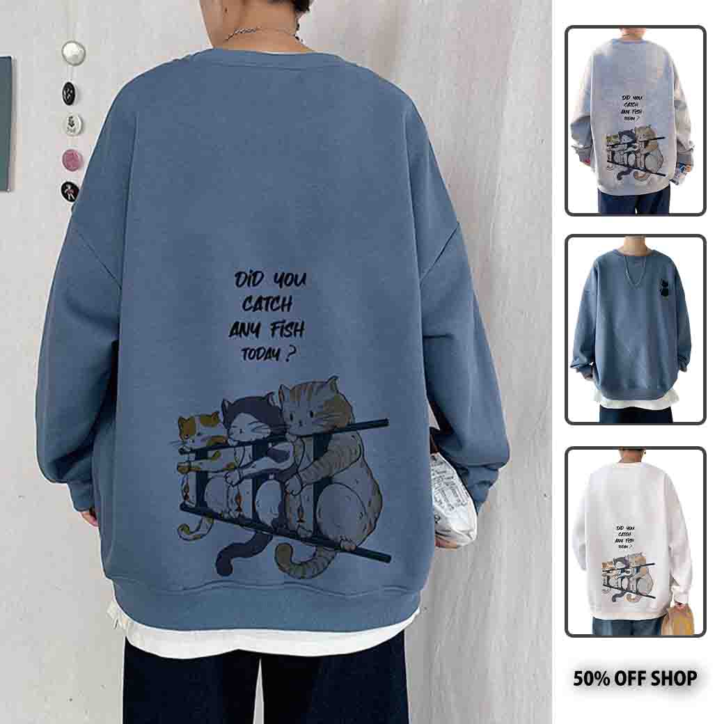 貓咪靠在欄杆等你抓魚回來  純棉落肩圓領大學TEE 衛衣 男女長袖上衣_0