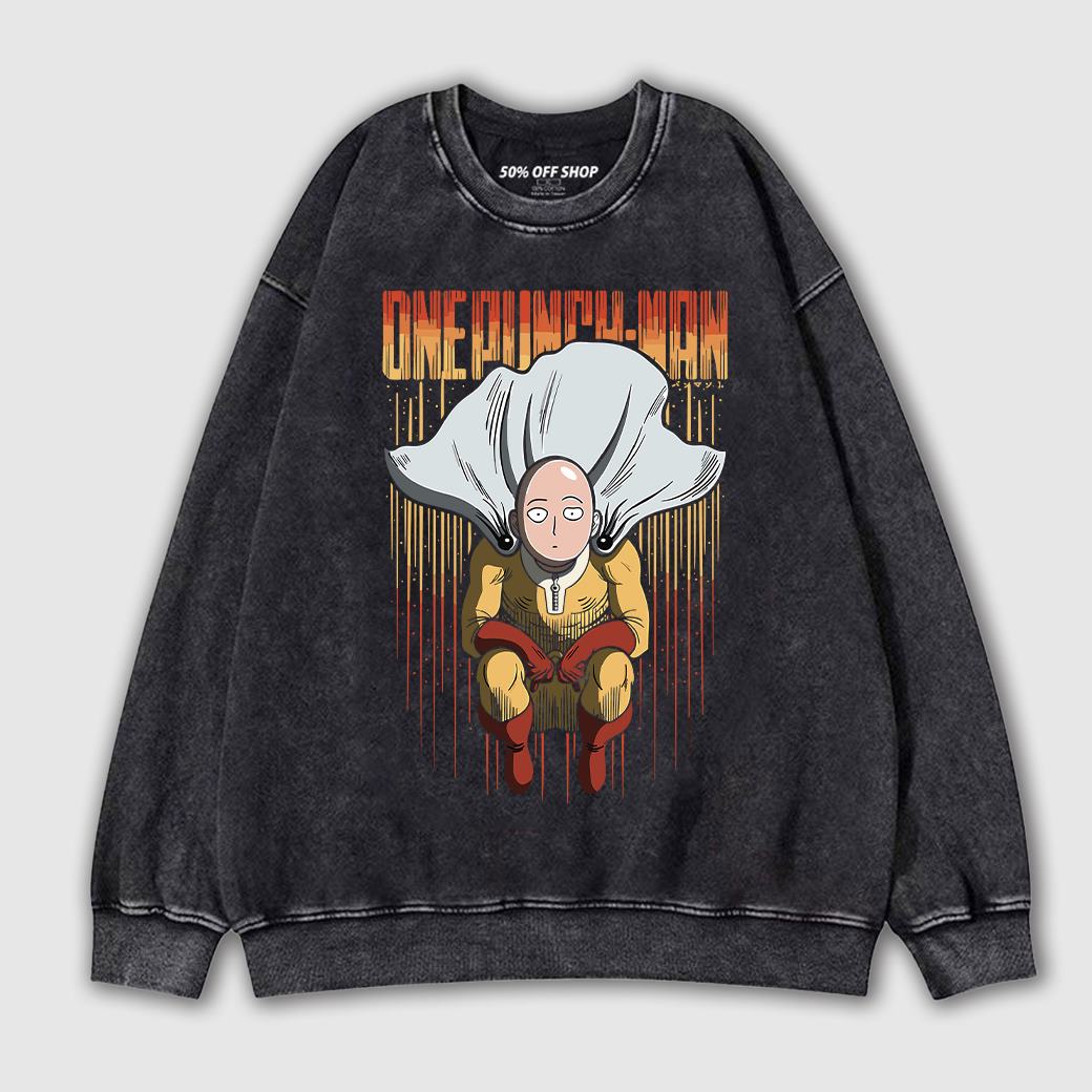 琦玉老師 認真蹲下 一拳超人One Punch Man 做舊水洗純棉大學T 台灣獨家動漫T_0