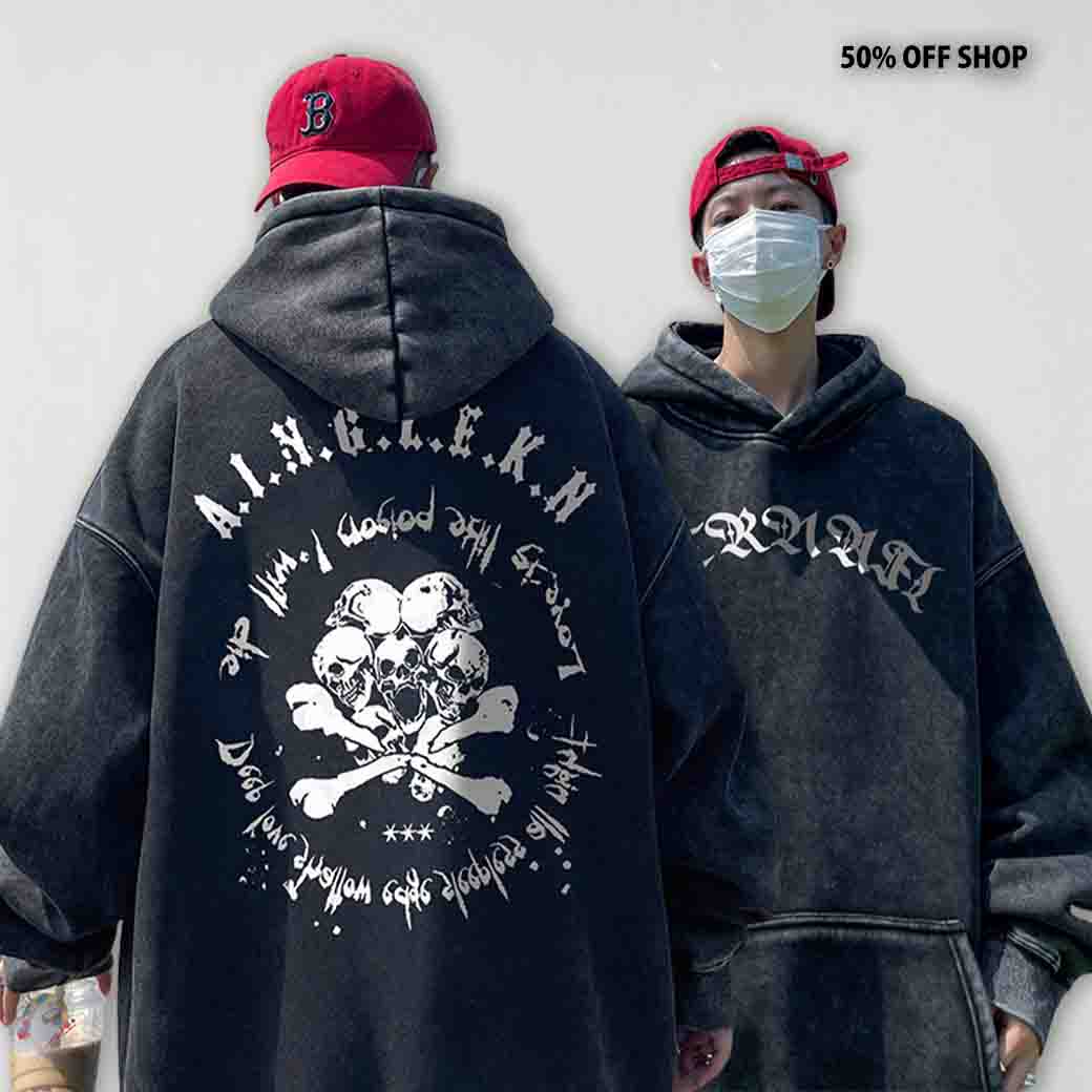 美式吶喊的骷髏頭水洗落肩純棉連帽大學TEE 重磅連帽衛衣_0