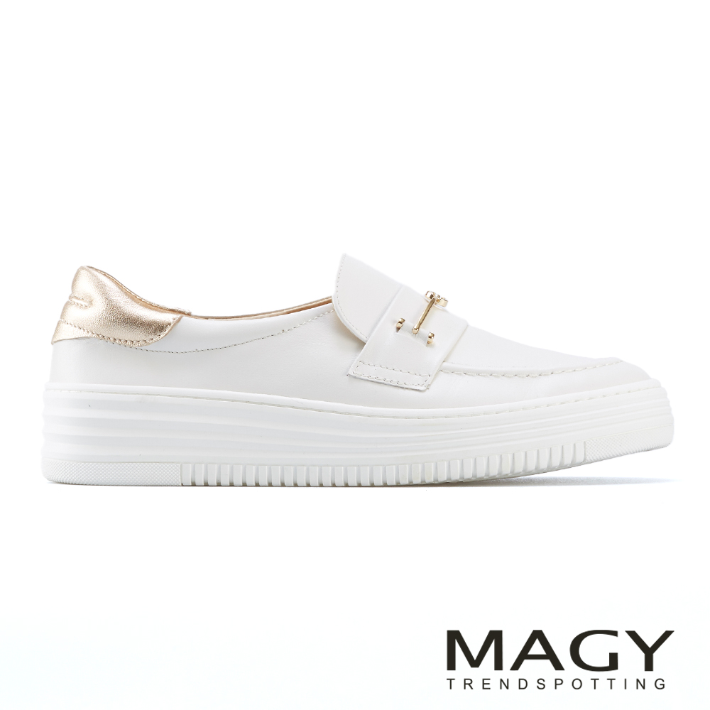MAGY 雙皮革金屬飾條厚底休閒鞋 白色 #14855