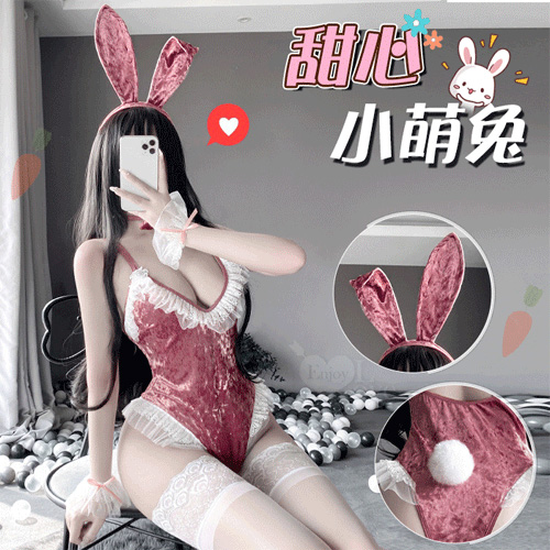 兔女郎角色扮演服！冰花絨蕾絲荷葉滾邊開襠五件式套裝﹝粉﹞ E536211【EnjoyLove 衣飾館】