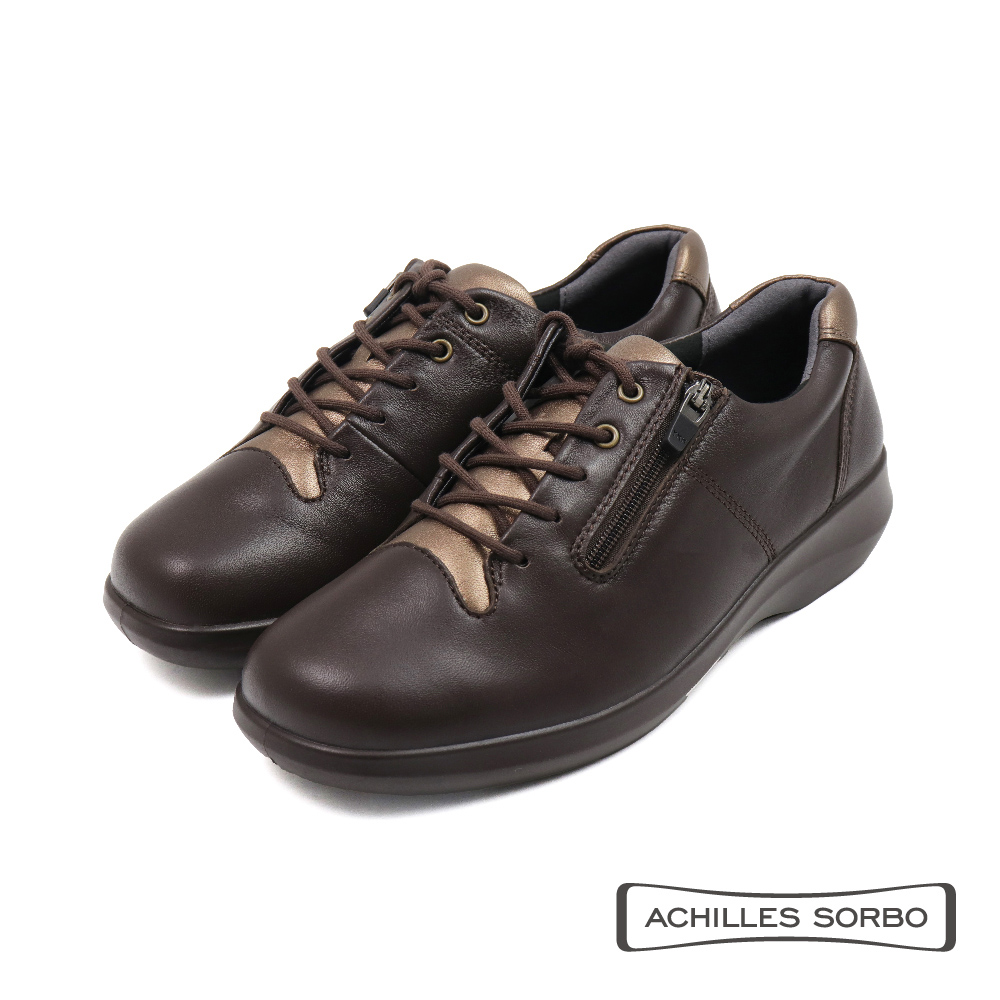 【Achilles】小羊皮防水增高側拉鍊綁帶休閒鞋 咖啡色(ASC556-CFBZ)