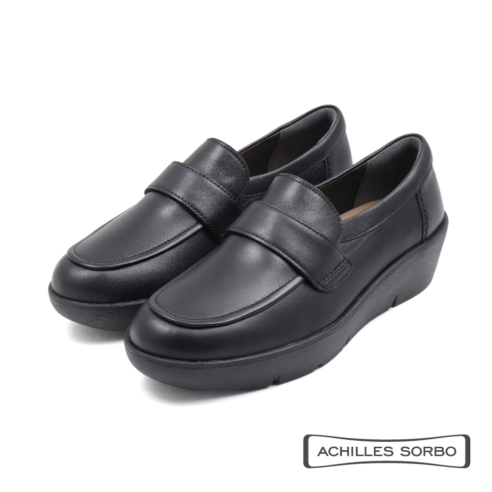 【Achilles】厚底增高氣墊皮質休閒樂福鞋 黑色(ASH592-BL)