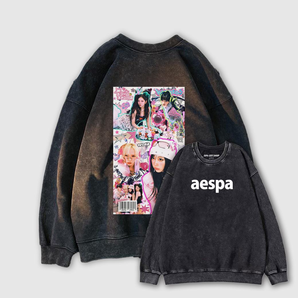 aespa Karina Giselle Winter Ningning繽紛粉色Y2K 做舊水洗純棉大學T 台灣獨家韓團T_0