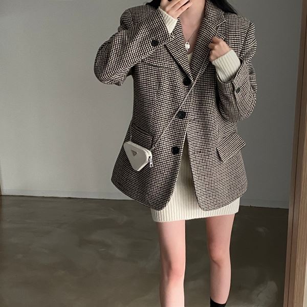 夾克．經典千鳥格紋排釦西裝領長袖外套．白鳥麗子_1
