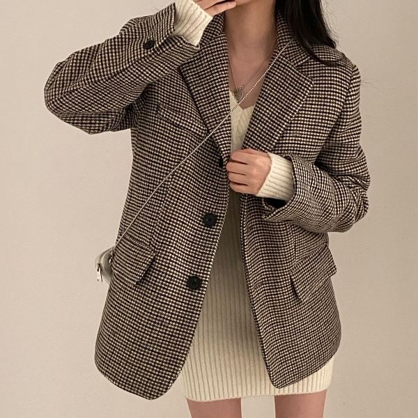 夾克．經典千鳥格紋排釦西裝領長袖外套．白鳥麗子_3