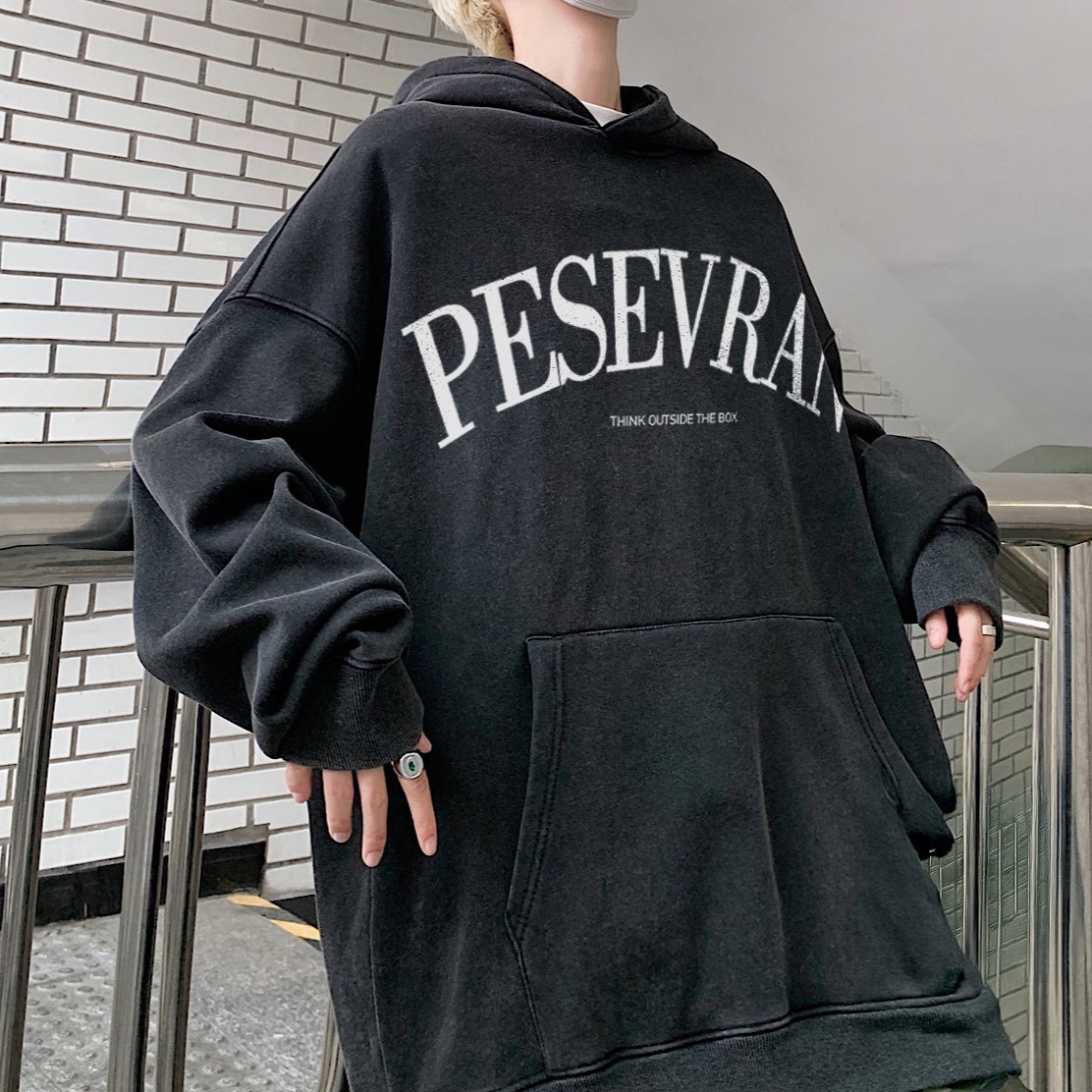 PESEVRAN高級字母水洗落肩純棉連帽大學TEE 重磅連帽衛衣_0