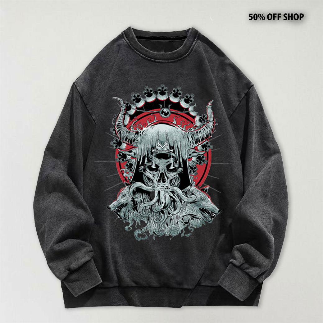 雙角惡魔與野狼重磅 純棉落肩連帽大學TEE_0