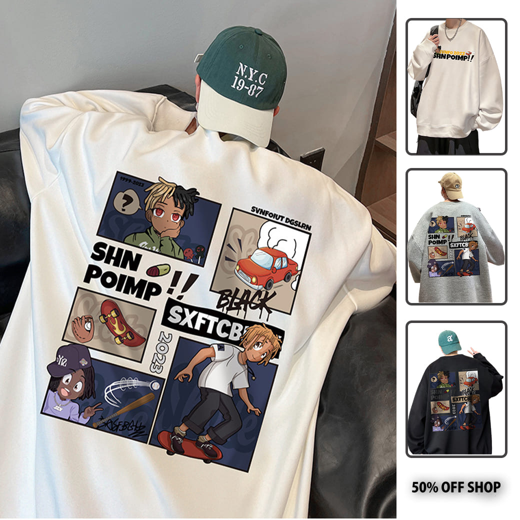 美式漫畫 加絨圓領純棉大學TEE_0