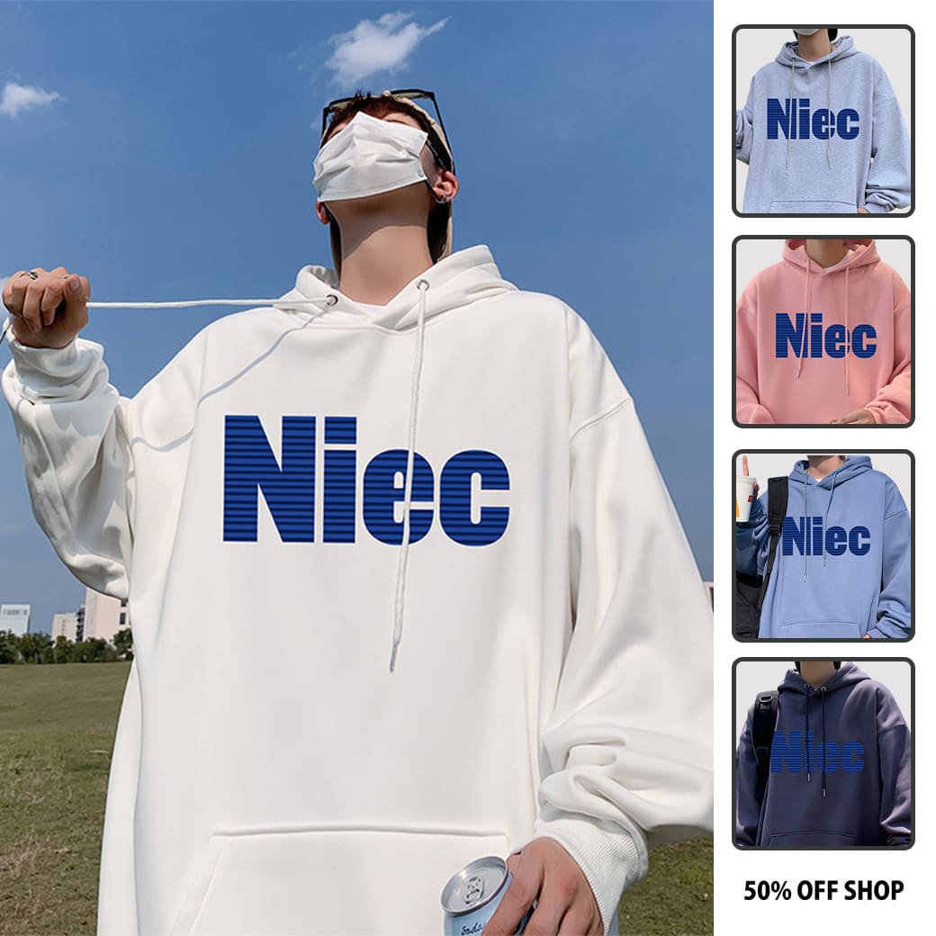NIEC橫條紋字母  純棉落肩連帽大學TEE 連帽衛衣 男女長袖上衣_0
