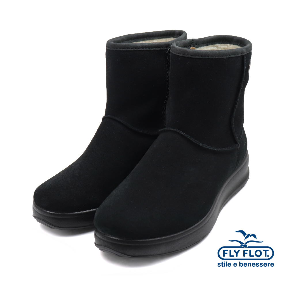 【FLYFLOT】義大利原廠厚底絨毛質感保暖軟墊雪靴 黑色(64Y63-SX-BLS)