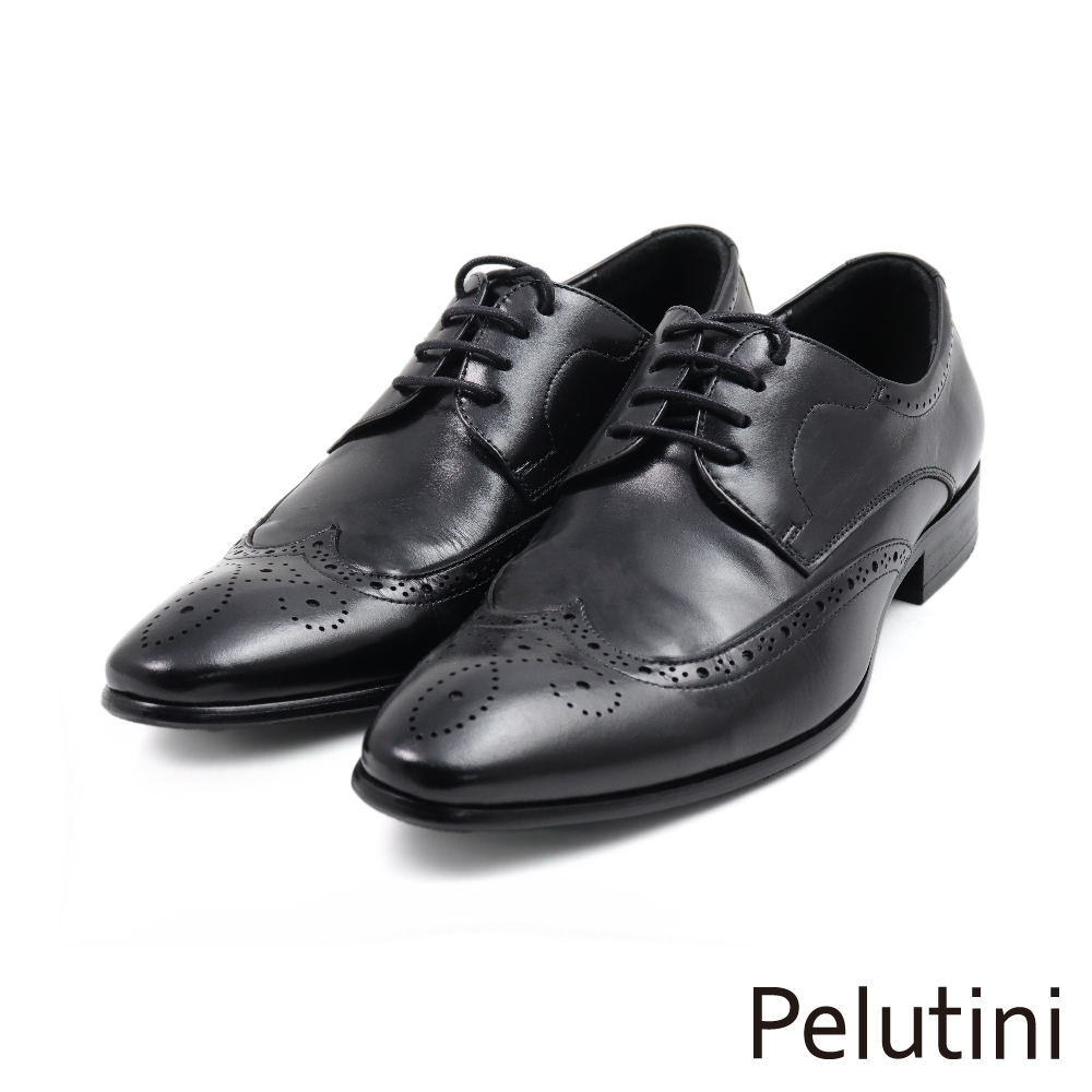 【Pelutini】經典壓線翼紋雕花綁帶德比鞋 黑色(311053-BL)