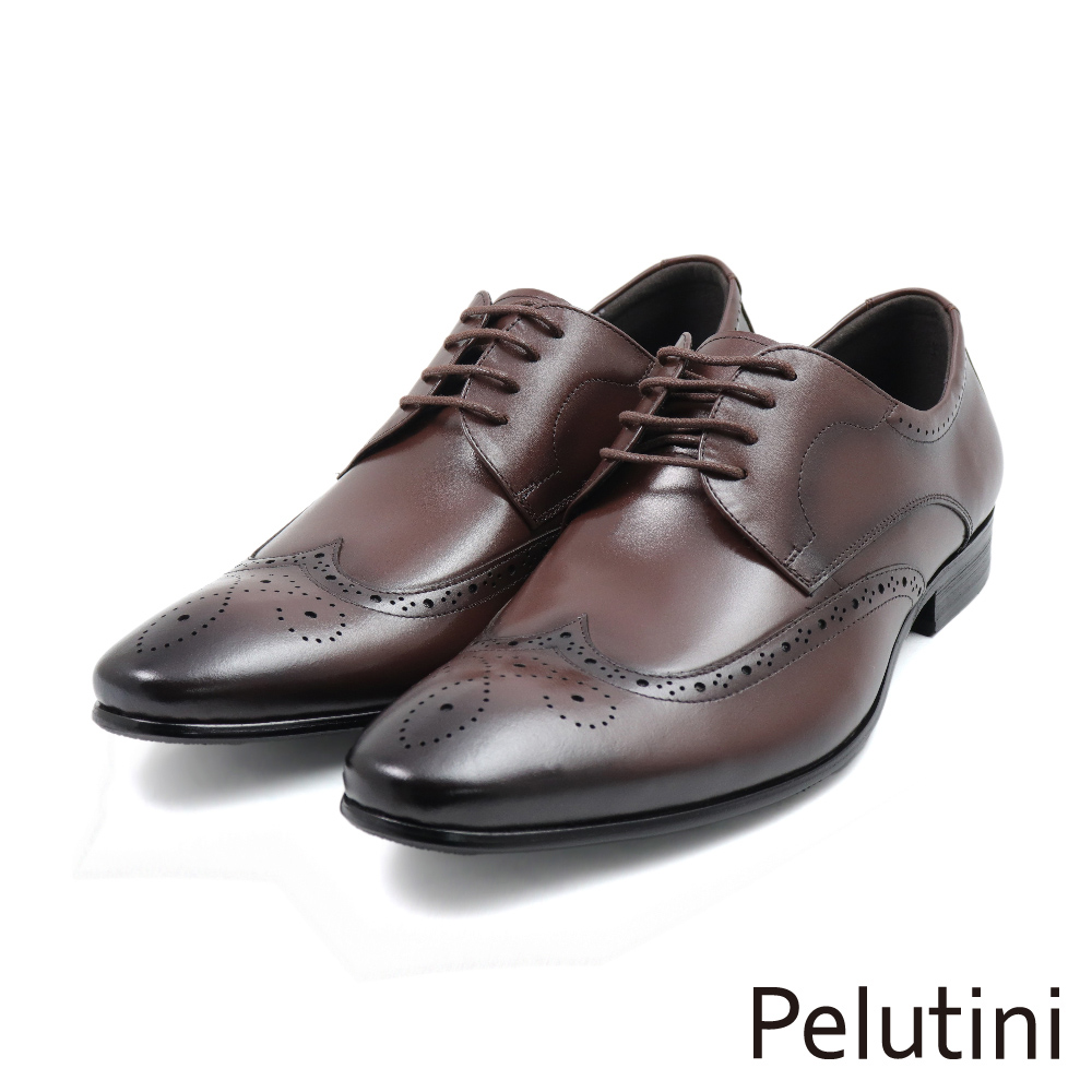 【Pelutini】經典壓線翼紋雕花綁帶德比鞋 深棕色(311053-DBR)