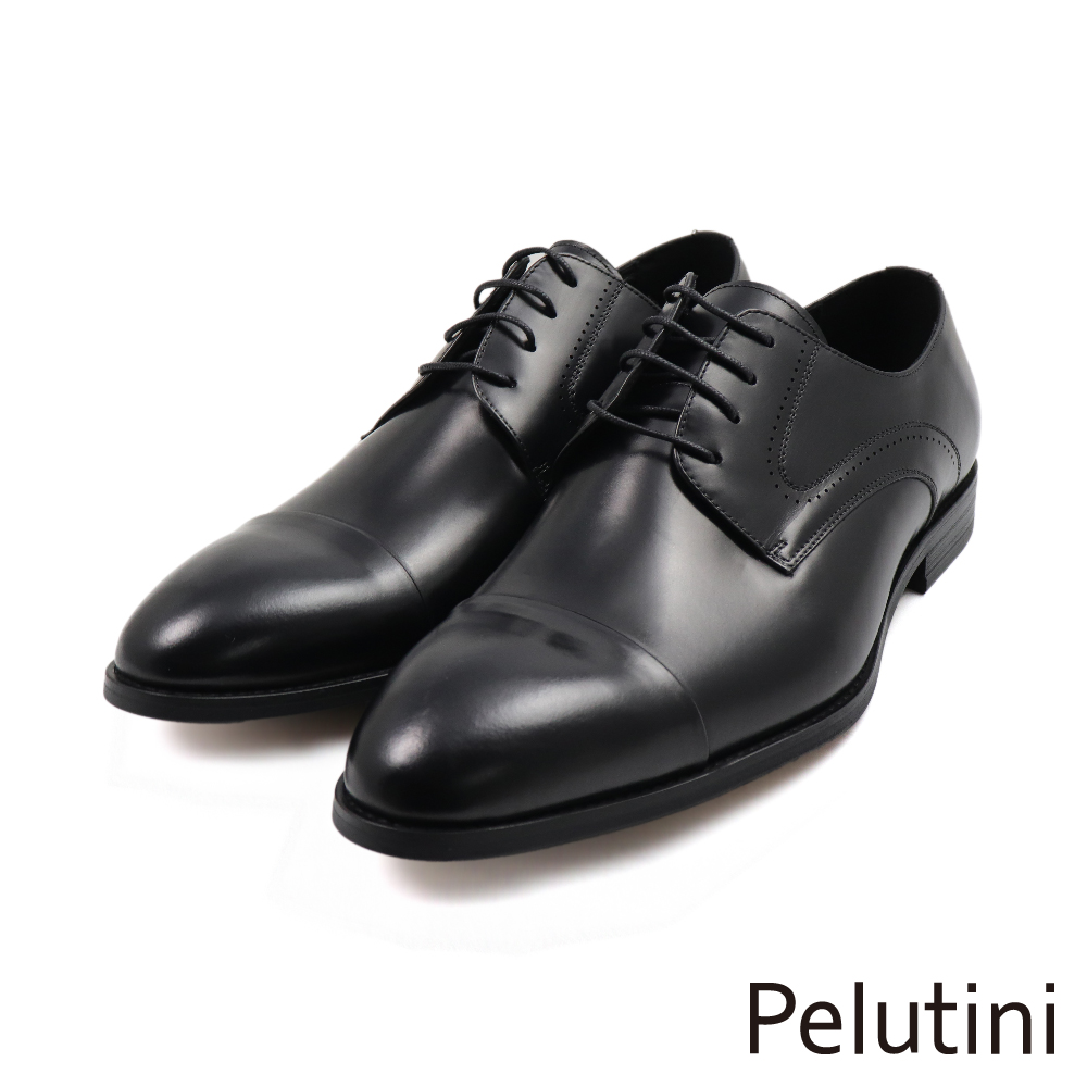 【Pelutini】經典質感壓孔橫飾綁帶德比鞋 黑色(313011-BL)