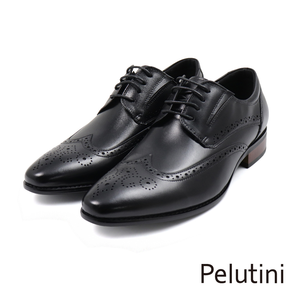 【Pelutini】經典質感翼紋雕花綁帶德比鞋 黑色(411111-BL)
