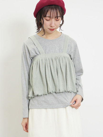【SET ITEM】蓬鬆抓褶感吊帶背心+長袖圓領T恤(0F000345510) - Samansa Mos2