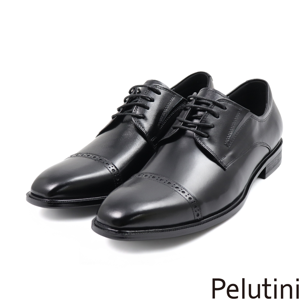 【Pelutini】經典簡約橫飾雕孔綁帶德比鞋 黑色(413111-BL)