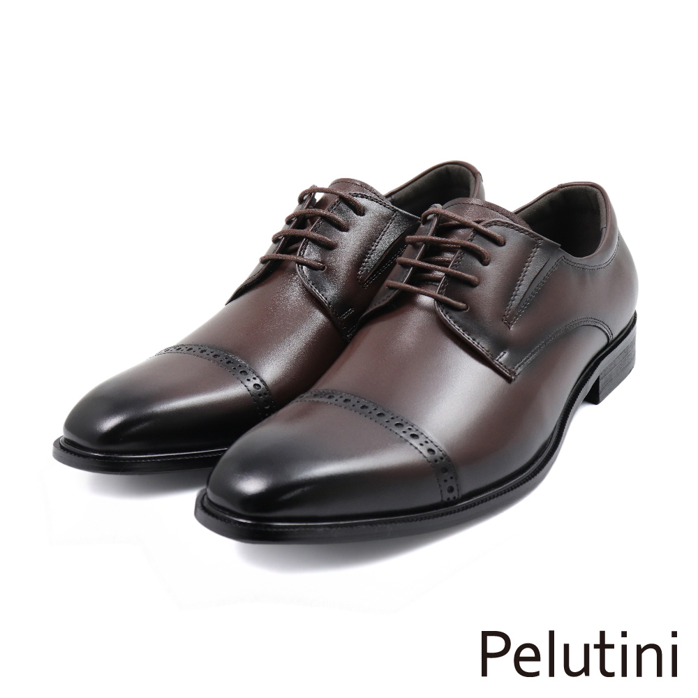 【Pelutini】經典簡約橫飾雕孔綁帶德比鞋 深棕色(413111-DBR)
