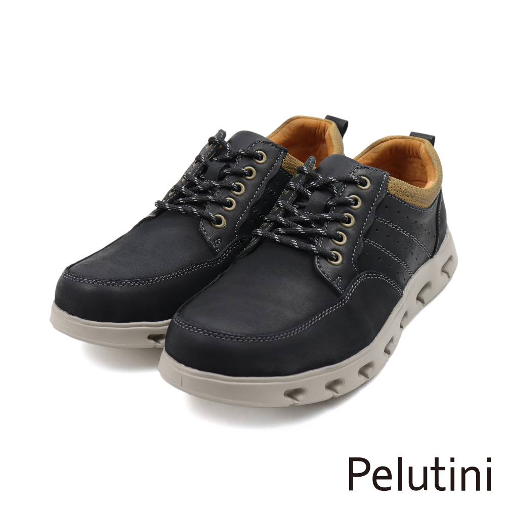 【Pelutini】輕量氣墊透氣綁帶造型休閒鞋 黑色(420112-BL)