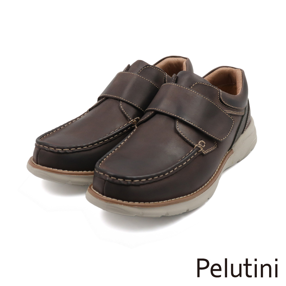 【Pelutini】舒適軟墊魔鬼氈縫線造型休閒鞋 深棕色(416102-DBR)