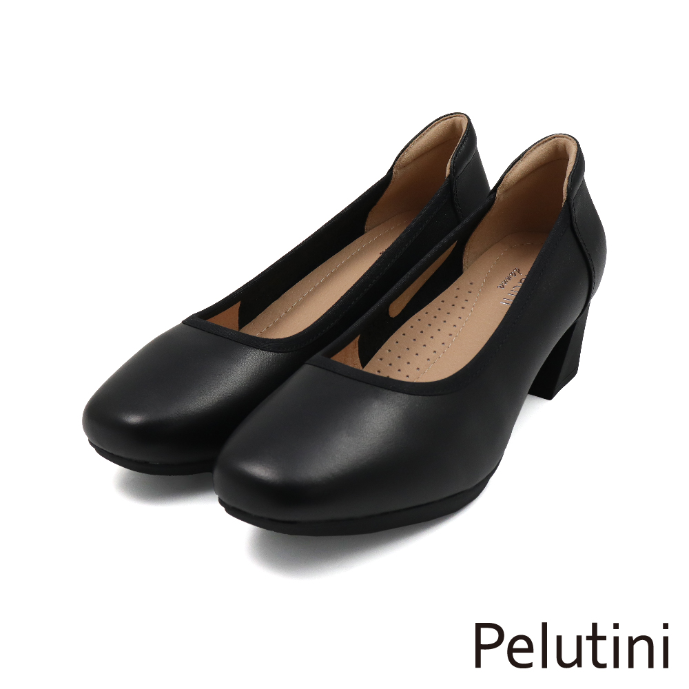 【Pelutini】經典素面舒適軟墊粗跟淑女鞋 黑色(433111W-BL)