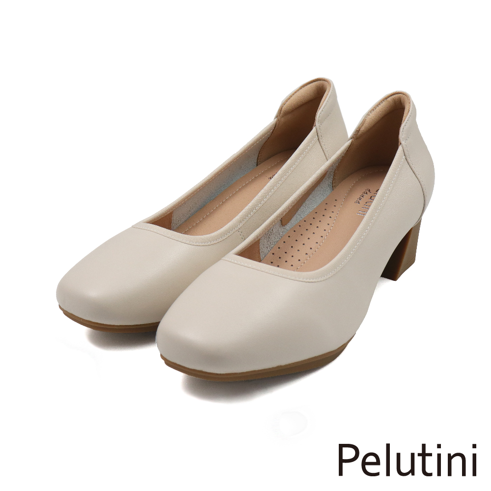 【Pelutini】經典素面舒適軟墊粗跟淑女鞋 白色(433111W-IV)